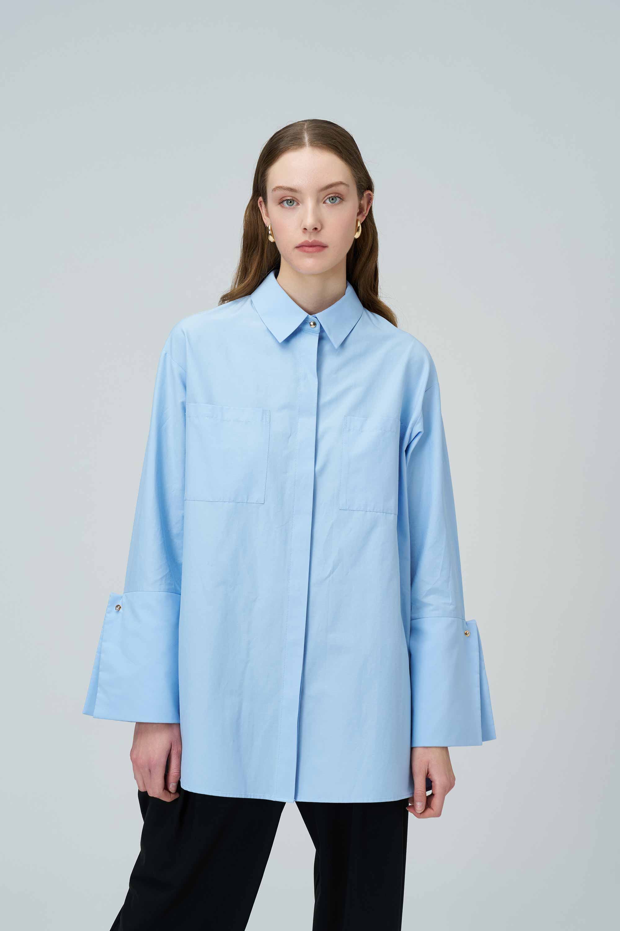 SOFIA Thick Cuff Detailed Poplin Blue Shirt