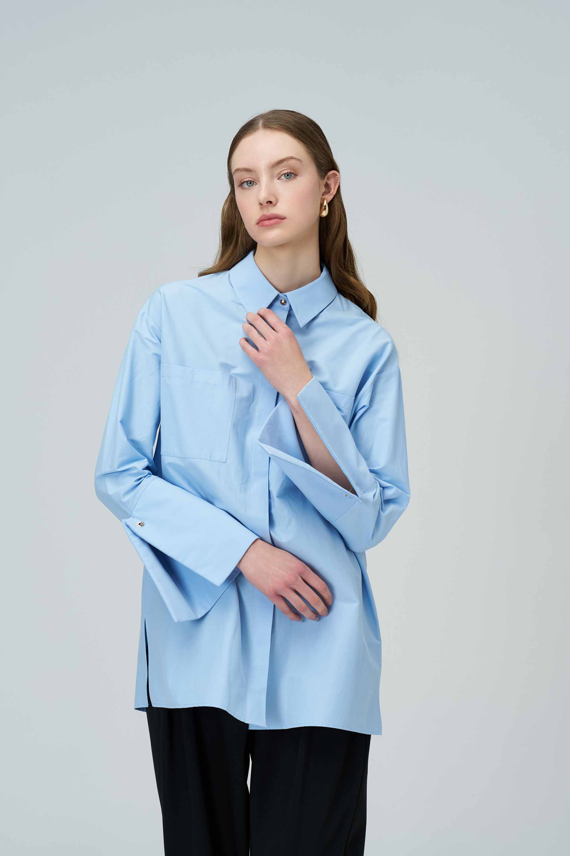 SOFIA Thick Cuff Detailed Poplin Blue Shirt