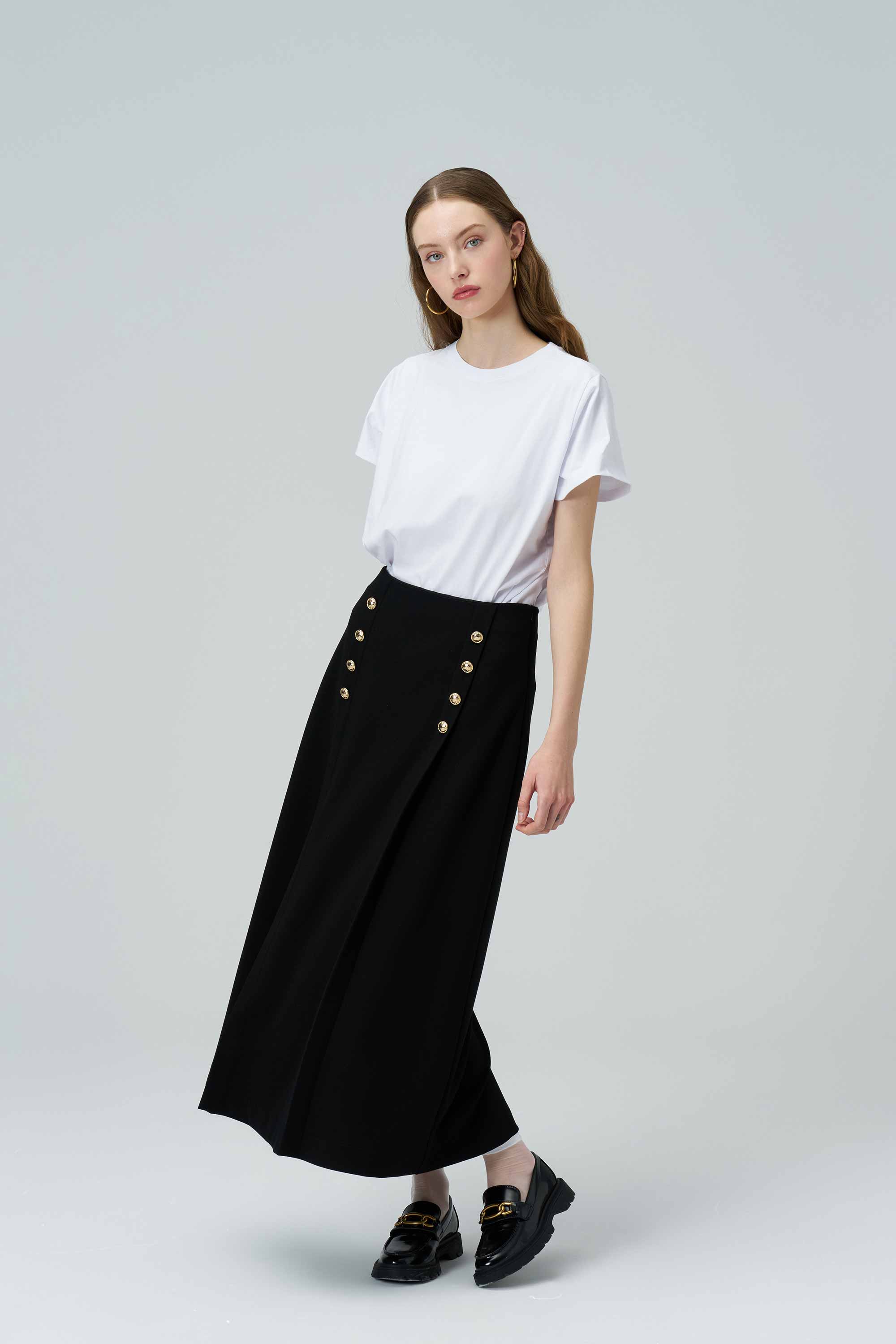 CAMILLE Button Detailed Knit Midi Black Skirt