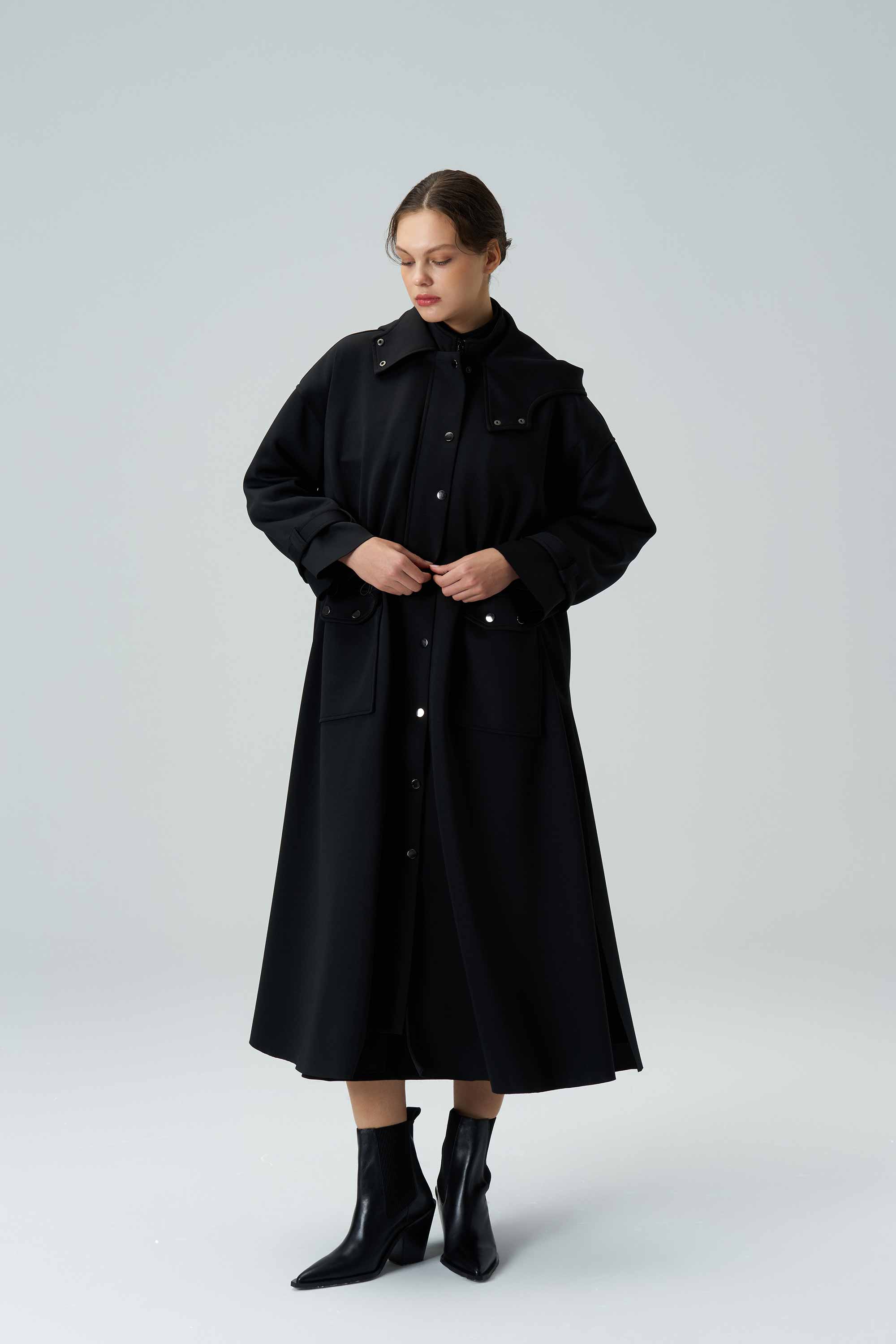 MİNERA Scuba Black Trench Coat