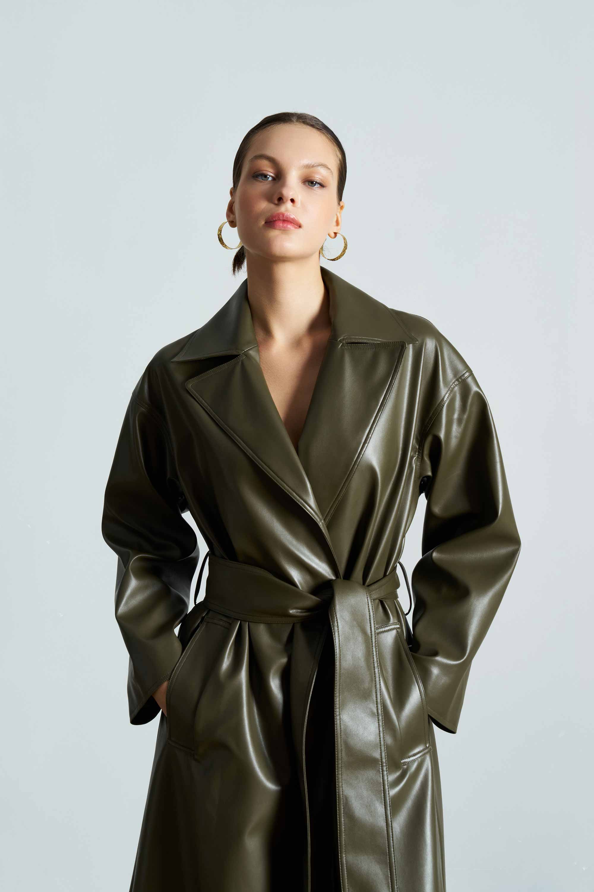 ROSY Midi Leather Green Trench Coat