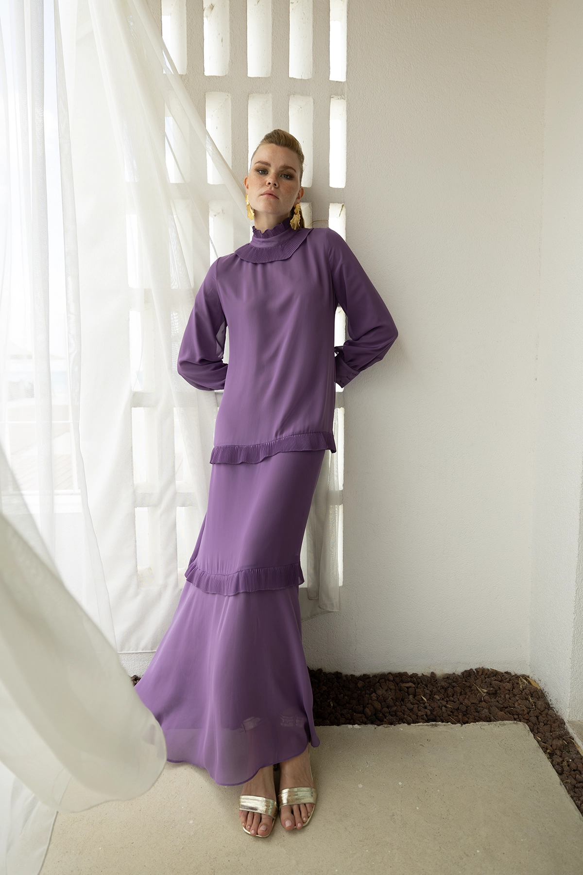 Pilise Detaylı Şifon Elbise - Mor